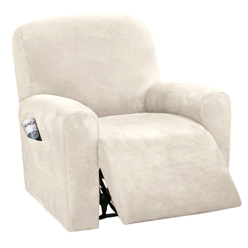 H.VERSAILTEX Velvet Stretch Recliner Couch Covers 4-Pieces Style Recliner Chair Covers Recliner Cover for Reclining Chair Slipcovers Feature Non Slip Form Fitted Thick Soft Washable, Ivory - Image 1