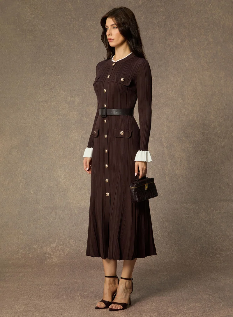 Sunfere Autumn Luxe Brown Contrast Trim Ruffle Midi Dress
