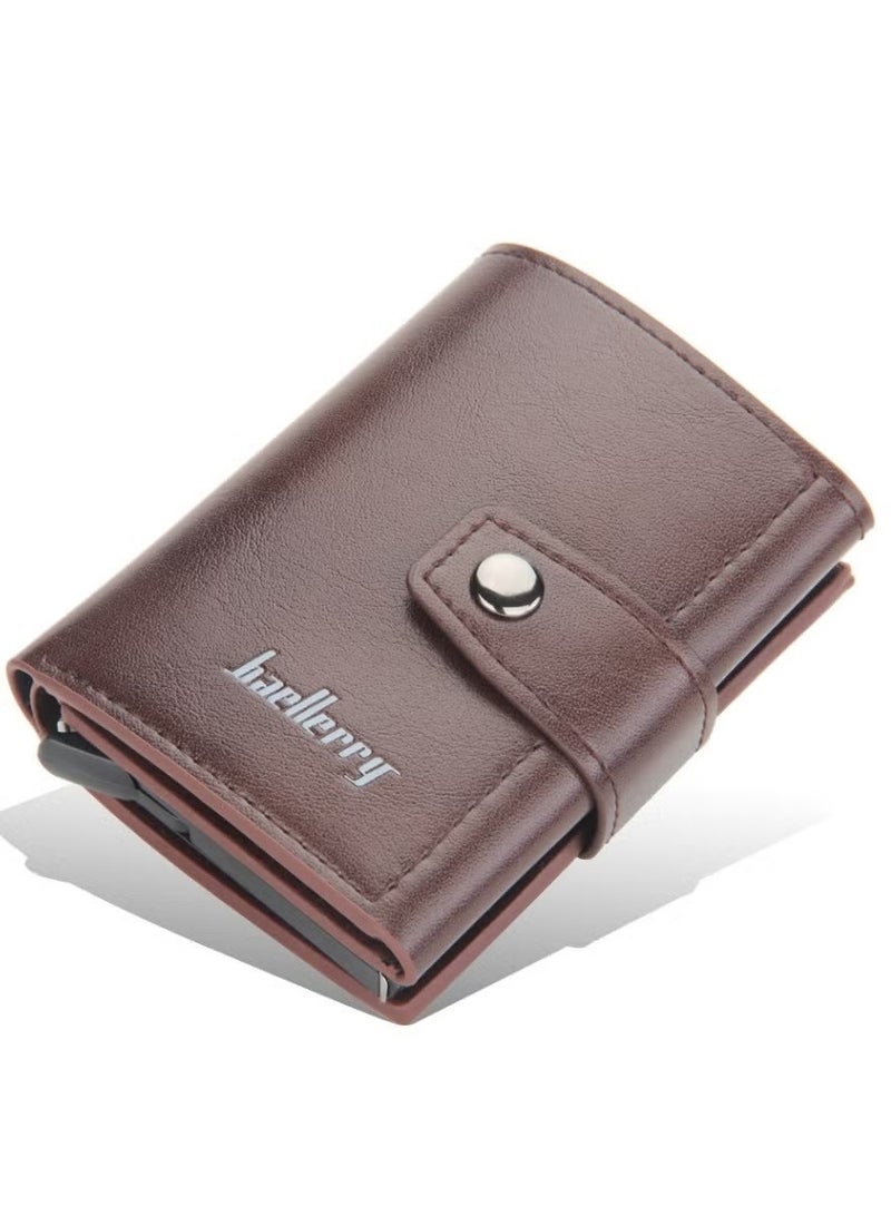 بايلليري محافظ جلدية للرجال، محفظة رفيعة وحامل بطاقات الائتمان بتصميم منبثق، حافظة بطاقات بنك معدنية تحجب تقنية RFID مع جيب للعملات المعدنية، نافذة لبطاقة الهوية، تحمل ما يصل إلى 8 بطاقات، قفل بزر، بني - Image 2
