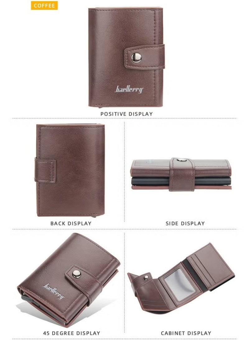 بايلليري محافظ جلدية للرجال، محفظة رفيعة وحامل بطاقات الائتمان بتصميم منبثق، حافظة بطاقات بنك معدنية تحجب تقنية RFID مع جيب للعملات المعدنية، نافذة لبطاقة الهوية، تحمل ما يصل إلى 8 بطاقات، قفل بزر، بني - Image 4