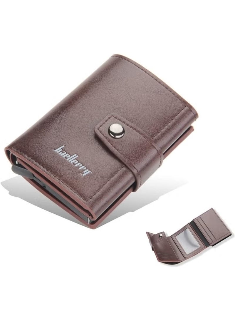 بايلليري محافظ جلدية للرجال، محفظة رفيعة وحامل بطاقات الائتمان بتصميم منبثق، حافظة بطاقات بنك معدنية تحجب تقنية RFID مع جيب للعملات المعدنية، نافذة لبطاقة الهوية، تحمل ما يصل إلى 8 بطاقات، قفل بزر، بني - Image 1