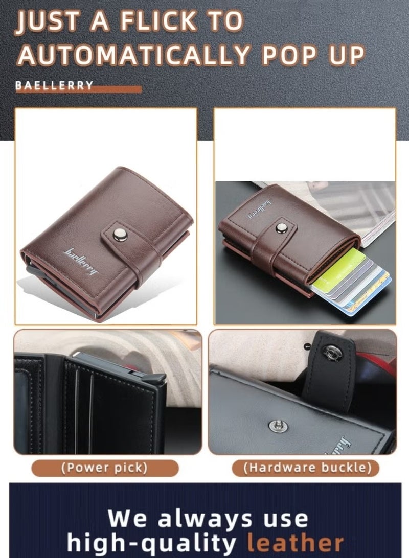 بايلليري محافظ جلدية للرجال، محفظة رفيعة وحامل بطاقات الائتمان بتصميم منبثق، حافظة بطاقات بنك معدنية تحجب تقنية RFID مع جيب للعملات المعدنية، نافذة لبطاقة الهوية، تحمل ما يصل إلى 8 بطاقات، قفل بزر، بني - Image 5