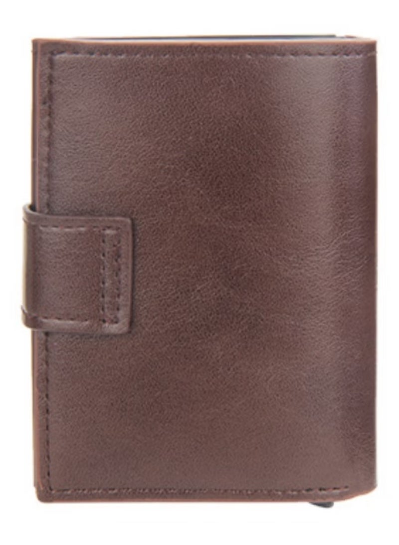 بايلليري محافظ جلدية للرجال، محفظة رفيعة وحامل بطاقات الائتمان بتصميم منبثق، حافظة بطاقات بنك معدنية تحجب تقنية RFID مع جيب للعملات المعدنية، نافذة لبطاقة الهوية، تحمل ما يصل إلى 8 بطاقات، قفل بزر، بني - Image 3