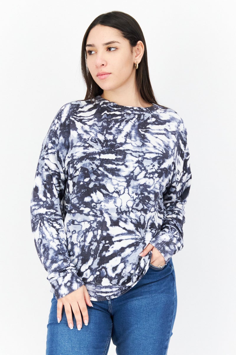 Andrew Marc Women Crew Neck Long Sleeve Tie Dye Sweatshirt, Navy - Image 1