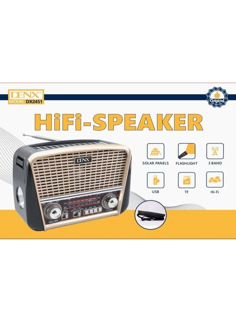 Denx DENX HIFi-Speaker with Solar Palen Charging, Retro Old Radio Bluetooth Travel Radio, AM/FM/SW 3-Band, Rechargeable Battery, Flashlight, USB TF Card AUX Input, Handheld Wireless Speaker, DX2451  - Image 4