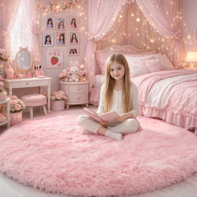 Amdrebio Pink Round Area Rugs 8Ft for Living Room Bedroom Decor Soft Large Circle Rug for Kids Room Teen Girls Fluffy Big Carpets for Baby Nursery Dorm Classroom Cute Kawaii Princess Carpet