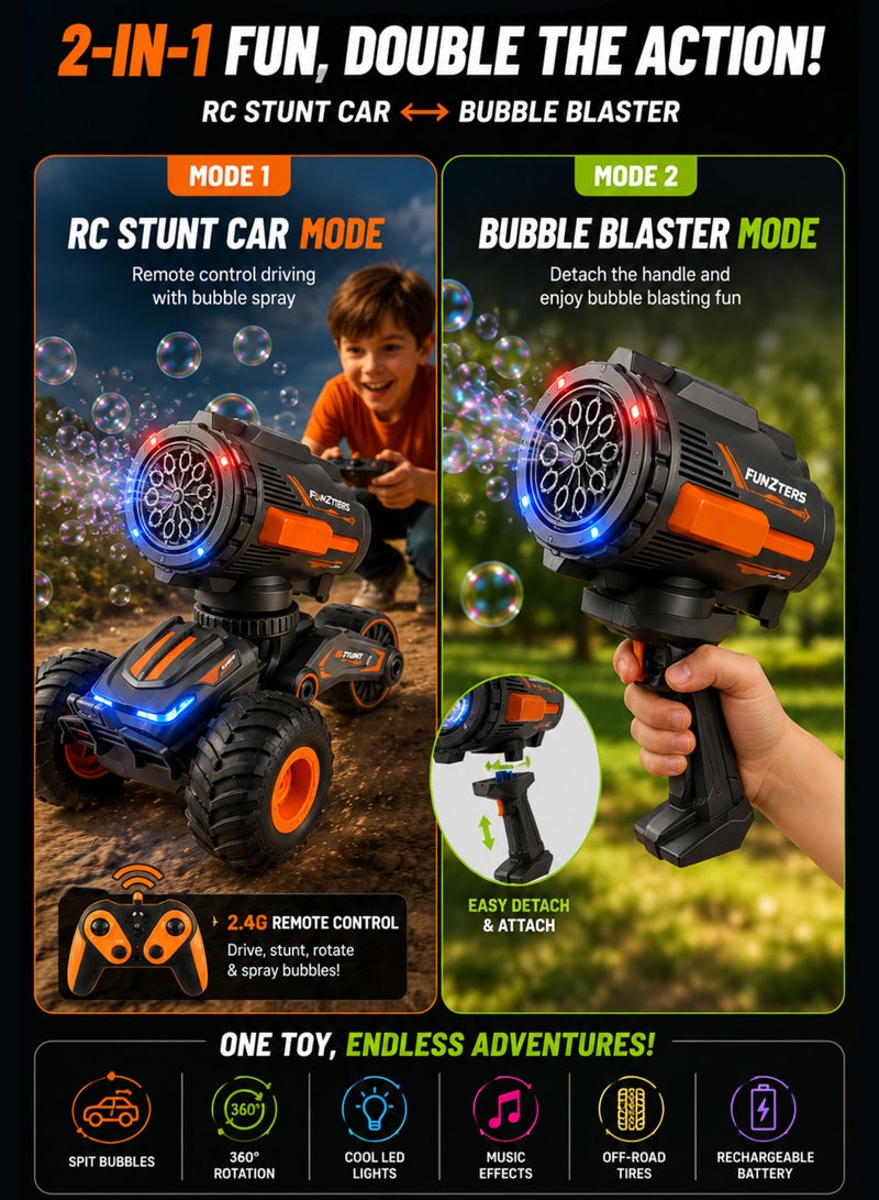 FUNSTERZ FUNZTERS 2-in-1 RC Bubble Stunt Car for Kids with Detachable Bubble Blaster Handle, Remote Control Bubble Spray Car with 360° Rotation Drift Stunts, LED Lights, Music Effects, Rechargeable Off-Road Monster Truck Toy for Boys & Girls Age 6+, 2.4G Wireless RC Bubble Vehicle with Bubble Solution, USB Charging & Anti-Skid Tires - Image 3