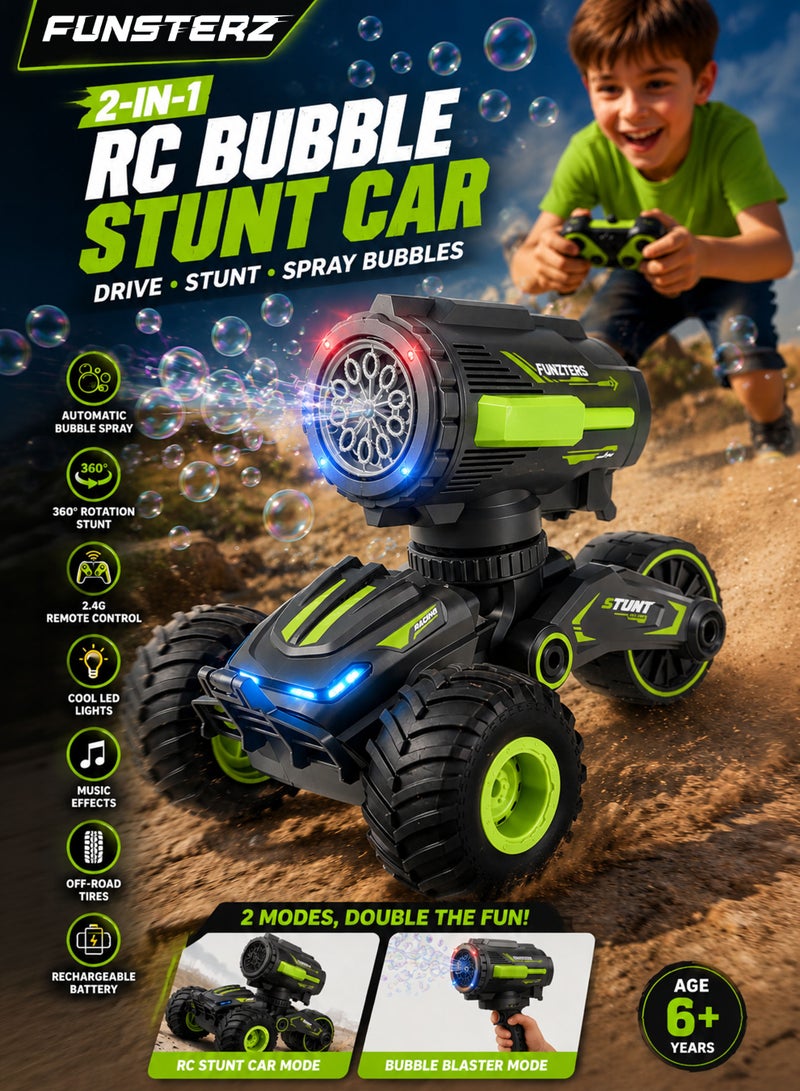 FUNSTERZ FUNZTERS 2-in-1 RC Bubble Stunt Car for Kids with Detachable Bubble Blaster Handle, Remote Control Bubble Spray Car with 360° Rotation Drift Stunts, LED Lights, Music Effects, Rechargeable Off-Road Monster Truck Toy for Boys & Girls Age 6+, 2.4G Wireless RC Bubble Vehicle with Bubble Solution, USB Charging & Anti-Skid Tires - Image 1