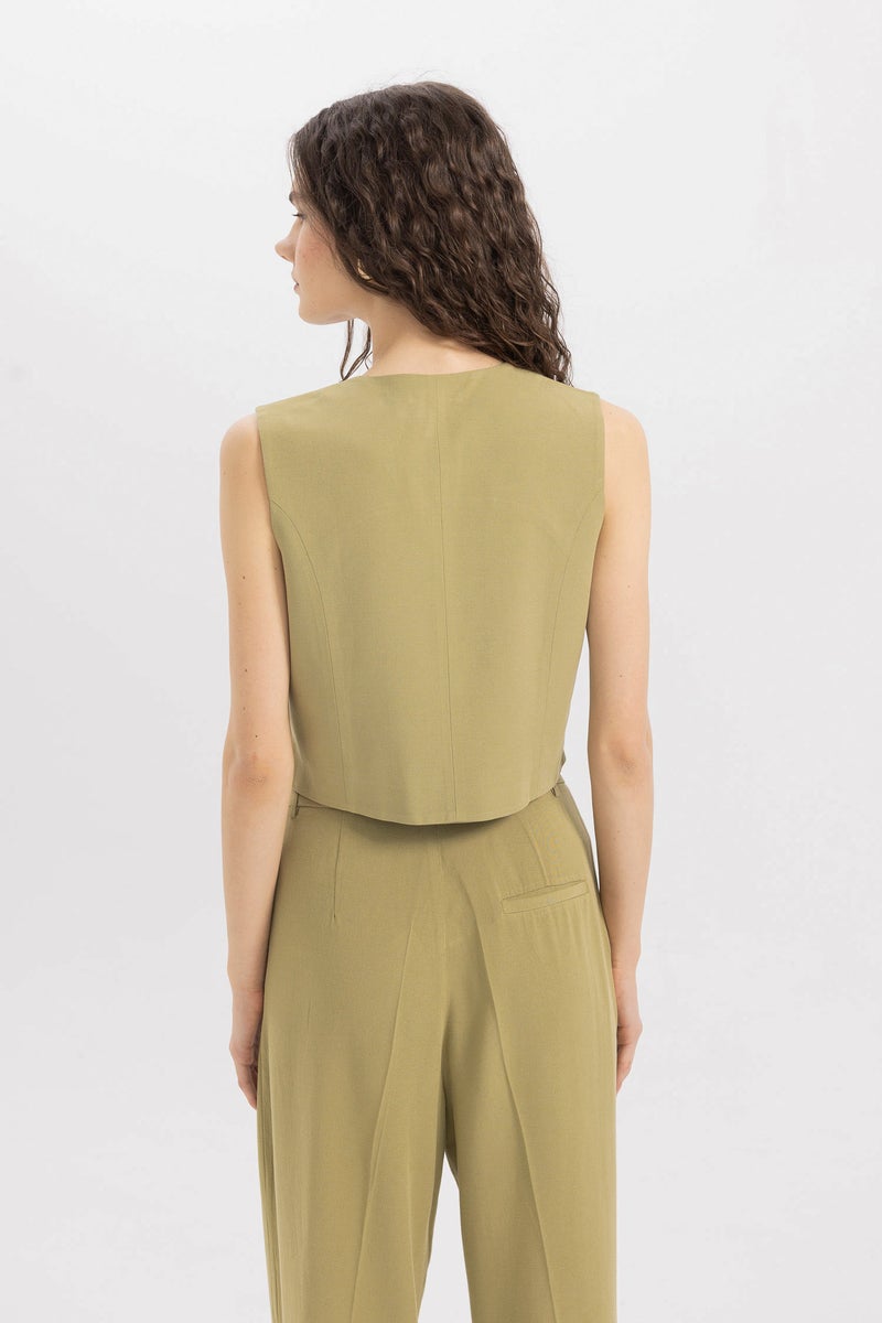 Woman V-Neck Linen Blend Blazer Vest