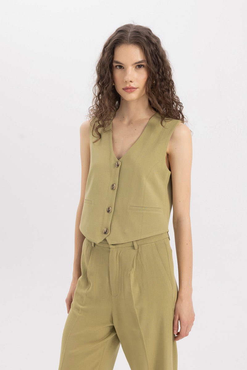 Woman V-Neck Linen Blend Blazer Vest