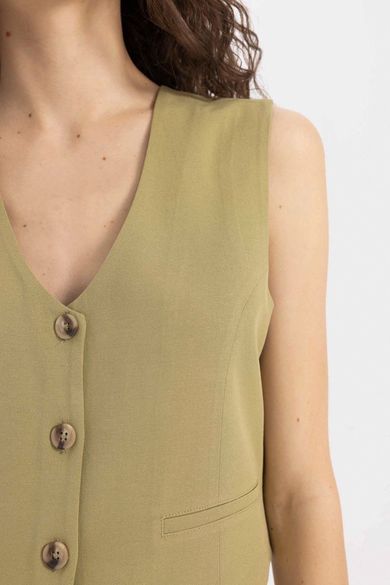Woman V-Neck Linen Blend Blazer Vest