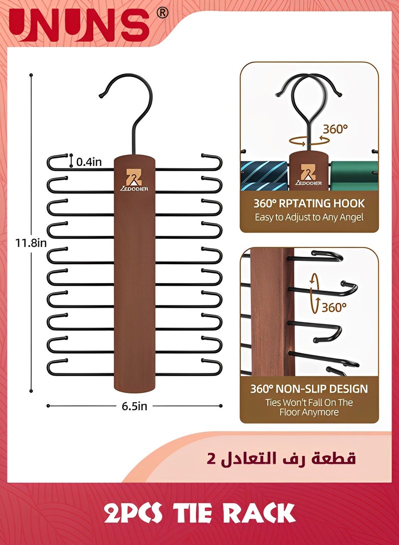 UNUNS 2 Pack Wooden Tie Rack,Tie Hanger For Men Closet,20 Storage Capacity,Non-Slip Rotatable Tie Organizer,Hanging Space Saving Holder,Vintage - Image 2