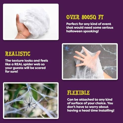 Kangaroo 800 sq. Ft Fake Spider Webs Decorations - Spiderweb Webbing Halloween Cobwebs Decor - Scary Halloween Decor Indoor Outdoor Party Wall, Graveyard Decoration Props - 4 Fake Spiders Included - Image 5