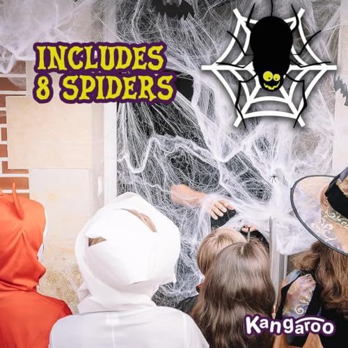 Kangaroo 800 sq. Ft Fake Spider Webs Decorations - Spiderweb Webbing Halloween Cobwebs Decor - Scary Halloween Decor Indoor Outdoor Party Wall, Graveyard Decoration Props - 4 Fake Spiders Included - Image 4