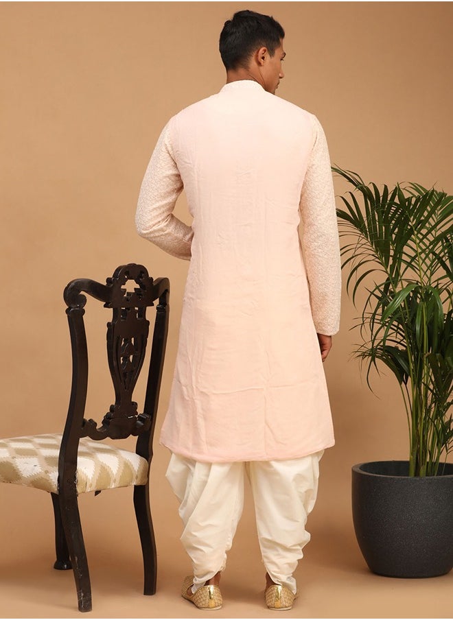 PRASHA - Men's Pink And Cream Georgette Kurta Dhoti Set - Image 1
