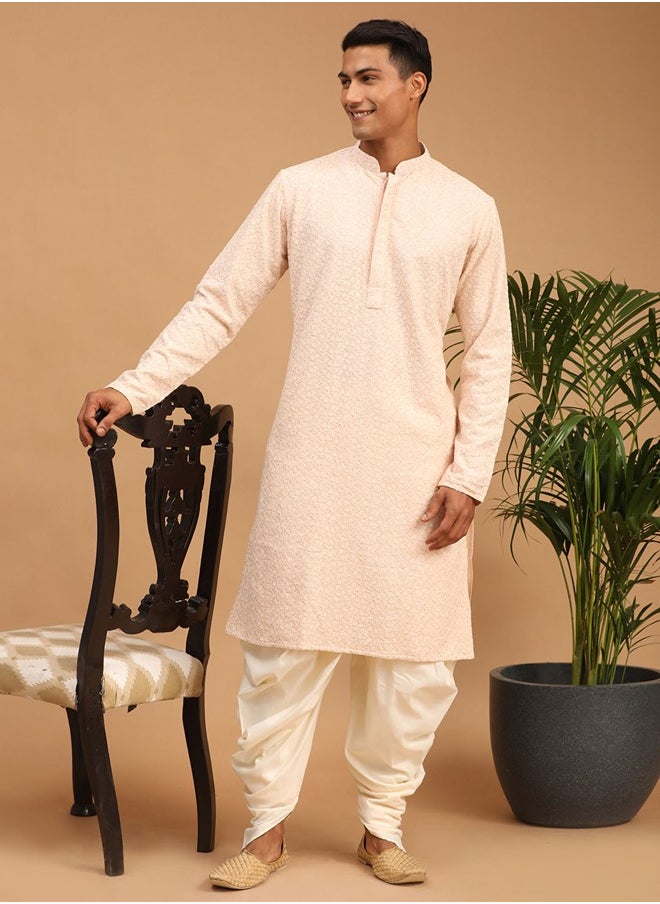 PRASHA - Men's Pink And Cream Georgette Kurta Dhoti Set - Image 1