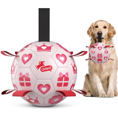 QDAN Valentines Gift Dog Toys Pink Soccer Ball with Straps Interactive Tug of War Toy Puppy Birthday Gifts Water Toy Durable Dog Balls for Medium Large 8 Inch - Image 1