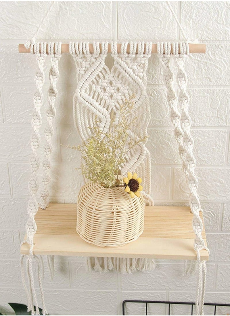 Excefore - Wall Hanging Shelf Boho Decor Wood Floating Shelf for Bedroom Living Room Nursery Bathroom, Handmade Woven Rope Storage Rack for Photo Frames Plant Display - Image 1