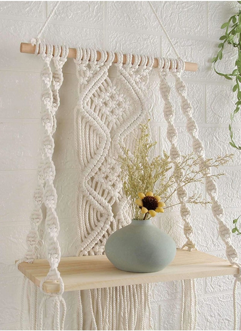 Excefore - Wall Hanging Shelf Boho Decor Wood Floating Shelf for Bedroom Living Room Nursery Bathroom, Handmade Woven Rope Storage Rack for Photo Frames Plant Display - Image 1