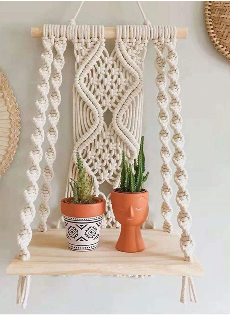 Excefore - Wall Hanging Shelf Boho Decor Wood Floating Shelf for Bedroom Living Room Nursery Bathroom, Handmade Woven Rope Storage Rack for Photo Frames Plant Display - Image 1