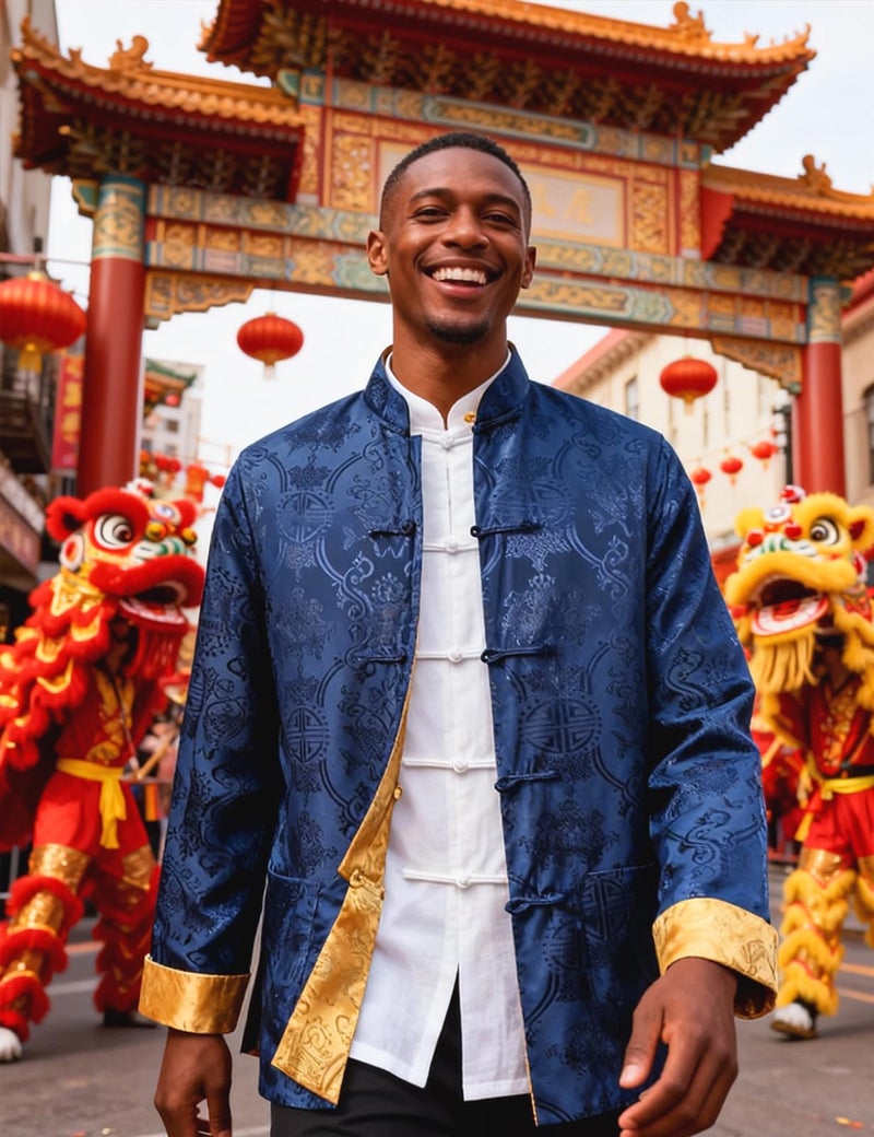Funny World Tang Suit Men Hanfu Chinese New Year Shirt Traditional Clothes Both Sides Long Sleeve Top, Blue Gold, Medium - Image 5