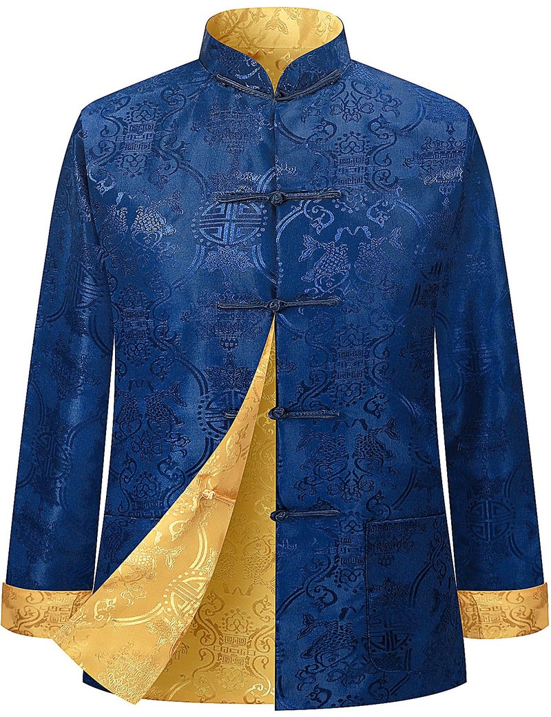 Funny World Tang Suit Men Hanfu Chinese New Year Shirt Traditional Clothes Both Sides Long Sleeve Top, Blue Gold, Medium - Image 1