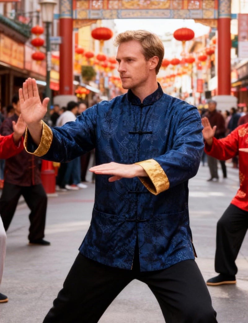 Funny World Tang Suit Men Hanfu Chinese New Year Shirt Traditional Clothes Both Sides Long Sleeve Top, Blue Gold, Medium - Image 3
