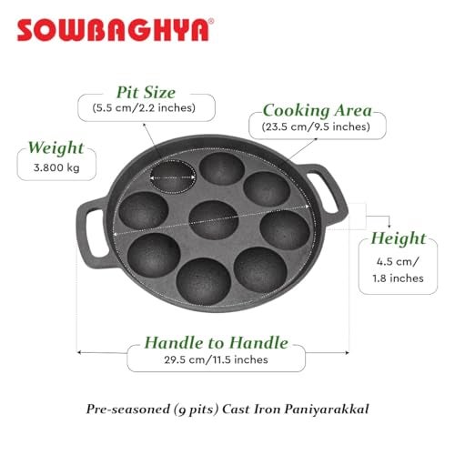 Sowbaghya Pre-Seasoned Cast Iron Paniyaram Pan with Glass Lid (9 Pits) | High Heat Retention | Ideal for Gunta Ponganalu & South Indian Cooking | Durable & Versatile - Image 4