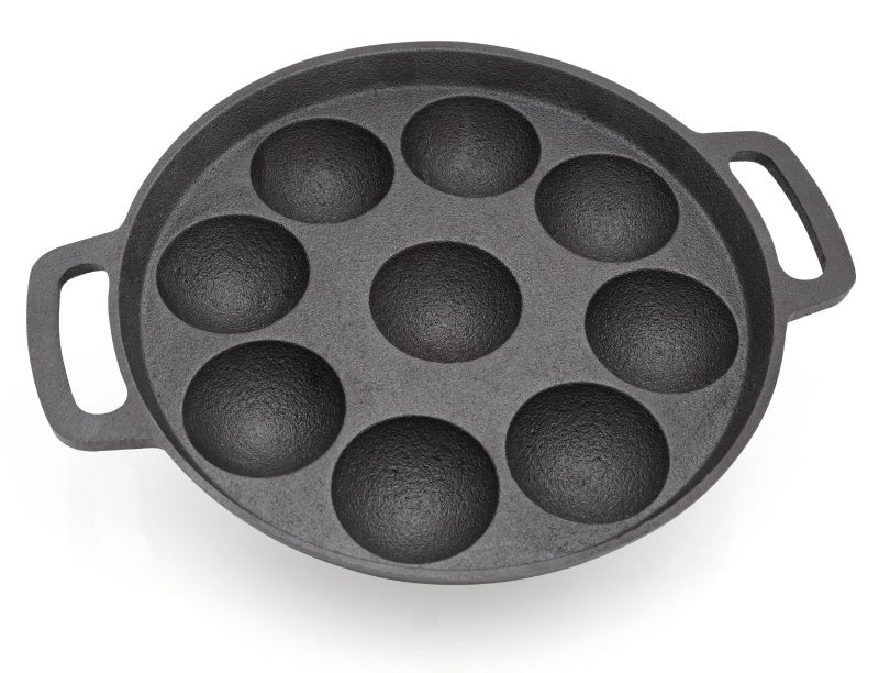 Sowbaghya Pre-Seasoned Cast Iron Paniyaram Pan with Glass Lid (9 Pits) | High Heat Retention | Ideal for Gunta Ponganalu & South Indian Cooking | Durable & Versatile - Image 2