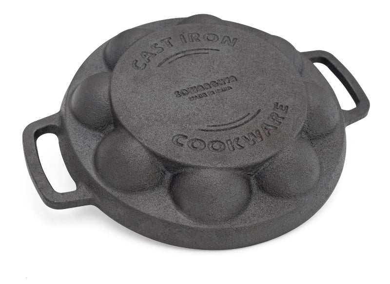 Sowbaghya Pre-Seasoned Cast Iron Paniyaram Pan with Glass Lid (9 Pits) | High Heat Retention | Ideal for Gunta Ponganalu & South Indian Cooking | Durable & Versatile - Image 3