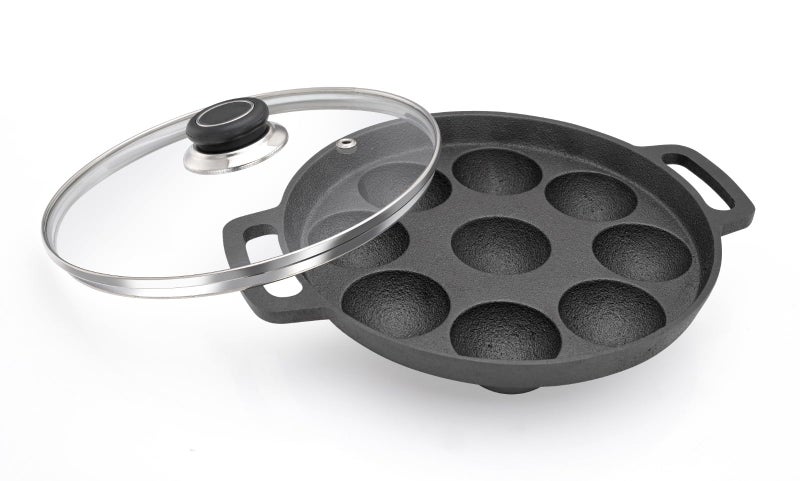 Sowbaghya Pre-Seasoned Cast Iron Paniyaram Pan with Glass Lid (9 Pits) | High Heat Retention | Ideal for Gunta Ponganalu & South Indian Cooking | Durable & Versatile - Image 1