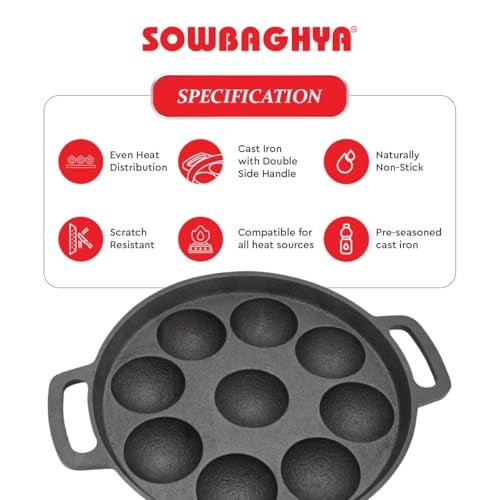 Sowbaghya Pre-Seasoned Cast Iron Paniyaram Pan with Glass Lid (9 Pits) | High Heat Retention | Ideal for Gunta Ponganalu & South Indian Cooking | Durable & Versatile - Image 5