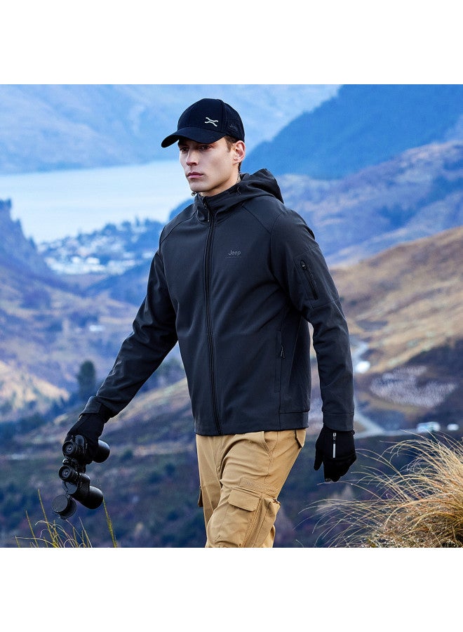 جيب سترة شتوية رجالية ذات غطاء محرك - مبطنة بالفراء، مقاومة للرياح، مقاومة للماء، معطف رياضي عادي - Image 5