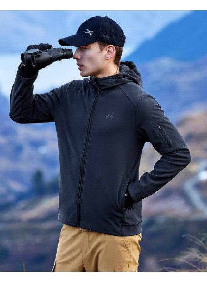 جيب سترة شتوية رجالية ذات غطاء محرك - مبطنة بالفراء، مقاومة للرياح، مقاومة للماء، معطف رياضي عادي - Image 1