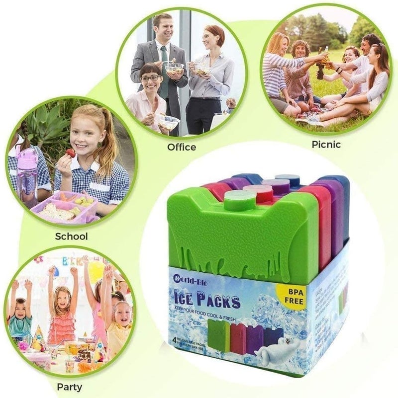 WORLD-BIO Reusable Ice Packs for Lunch Box & Cooler Bags, Long-Lasting Multicolored Cold Blocks for Extreme Heat, Camping, School, BPA-Free Cooling Accessories - Image 3
