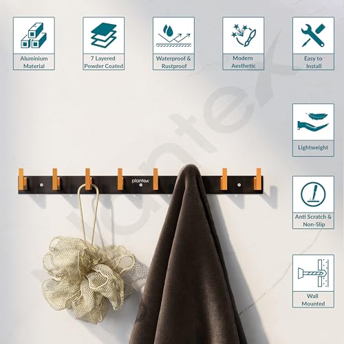 Plantex Aluminum Hook Rail with L-Shape Hook for Clothes Hanging/Hook Rail Bar for Clothes/Towel/Keys -Pack of 3 (8 Hooks/Black & Gold) - Image 4