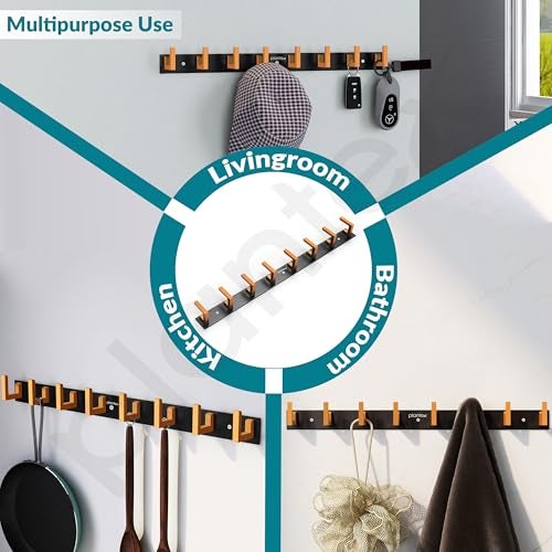 Plantex Aluminum Hook Rail with L-Shape Hook for Clothes Hanging/Hook Rail Bar for Clothes/Towel/Keys -Pack of 3 (8 Hooks/Black & Gold) - Image 5