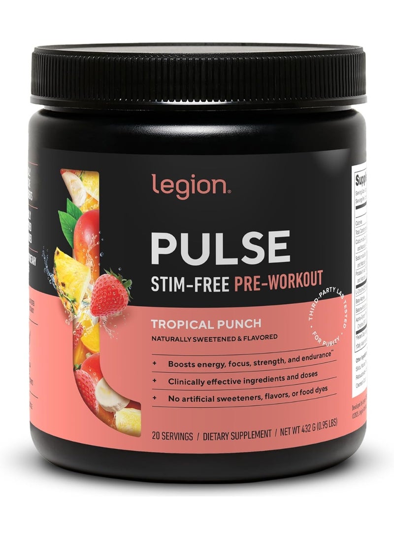 Legion Pulse Stim-Free Pre-Workout Tropical Punch 20 Servings (432g) – Caffeine-Free Pump, Endurance & Focus - Image 1