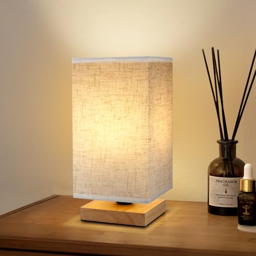 UCHENTON Small Square Bedside Table Lamp for Bedroom Minimalist Wood Base Round Fabric Shade Mini Cute Cozy Warm Nightstand Boho Lamp Study Desk Night Stand Light for Room Dorm Nursery Living Room - Image 1