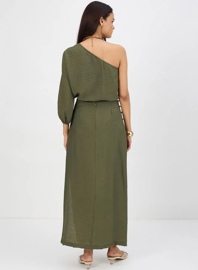 Femmella Women Olive One Shoulder Top with Skirt Co-Ords