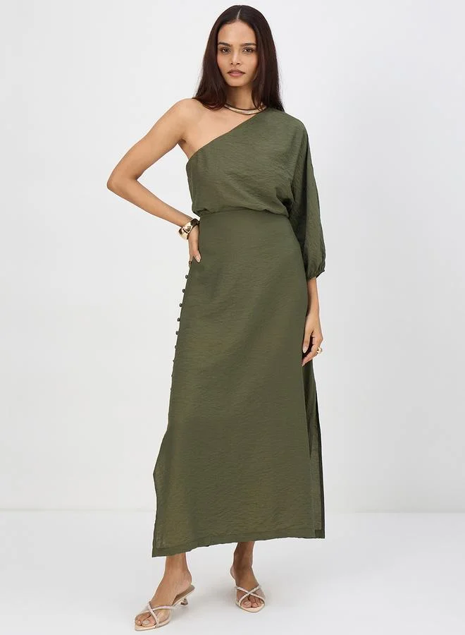 Femmella Women Olive One Shoulder Top with Skirt Co-Ords