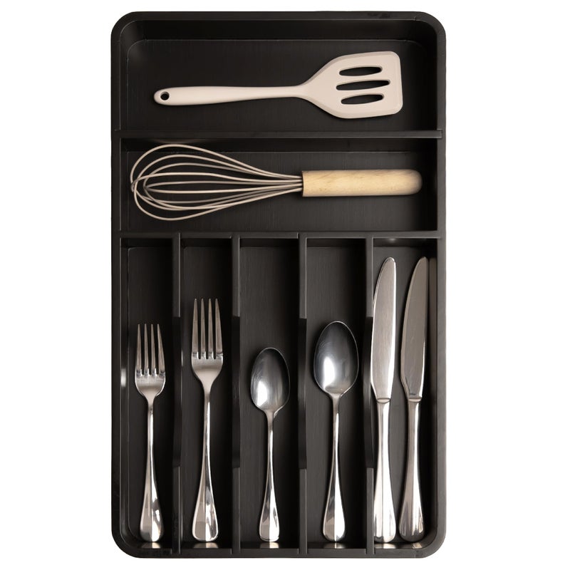 KitchenEdge Silverware Organizer - Cutlery, Flatware, and Utensil Holder for Kitchen Drawers, Fixed 10.5â€ Width, 7 Storage Compartments, Non-Slip Feet, Rounded Corners, 100% Bamboo, Black Finish - Image 1