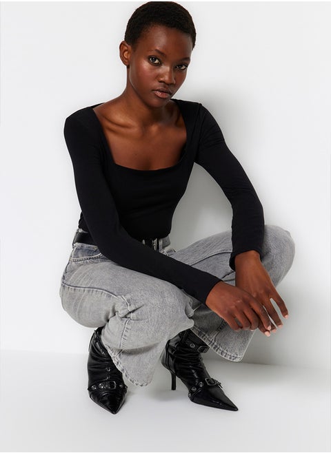 Black Cotton Stretchy Square Collar Fitted/Skinned Knitted Blouse TWOAW24BZ00016