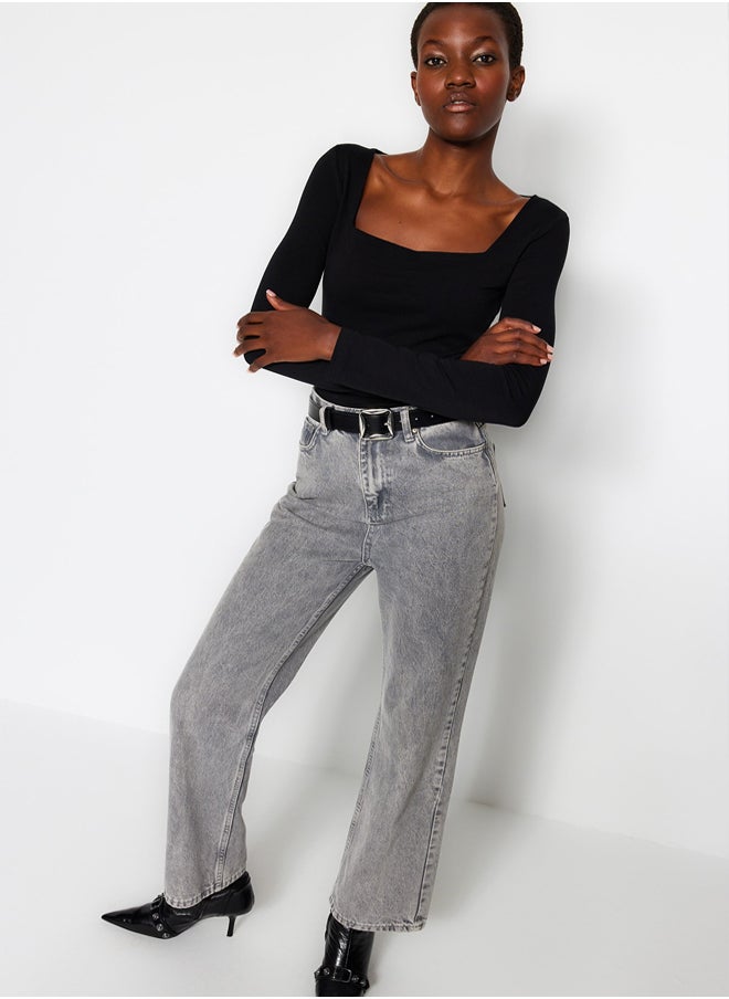 trendyol - Black Cotton Stretchy Square Collar Fitted/Skinned Knitted Blouse TWOAW24BZ00016 - Image 1