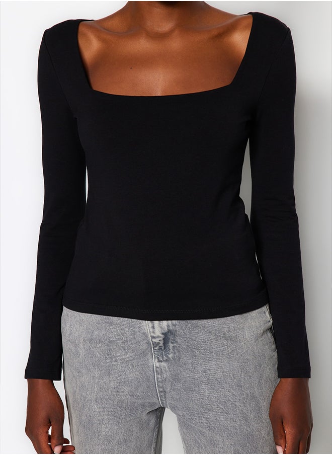 trendyol - Black Cotton Stretchy Square Collar Fitted/Skinned Knitted Blouse TWOAW24BZ00016 - Image 1
