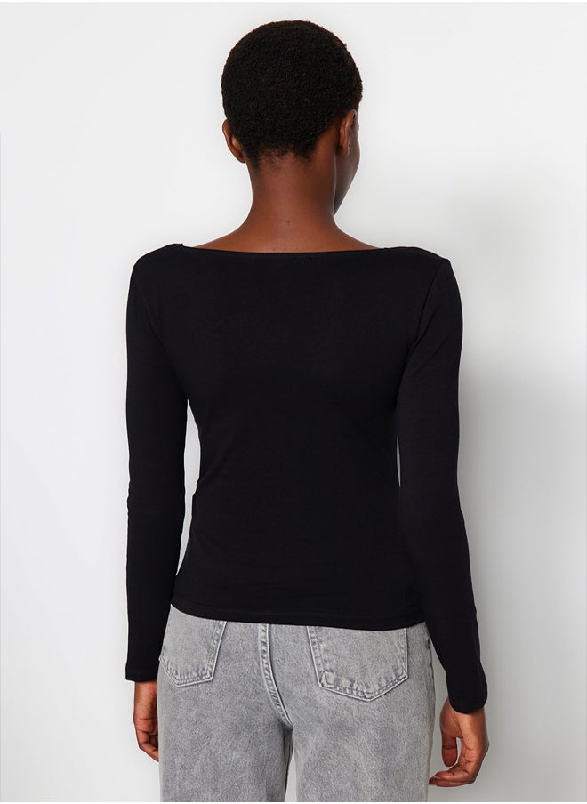 trendyol - Black Cotton Stretchy Square Collar Fitted/Skinned Knitted Blouse TWOAW24BZ00016 - Image 1