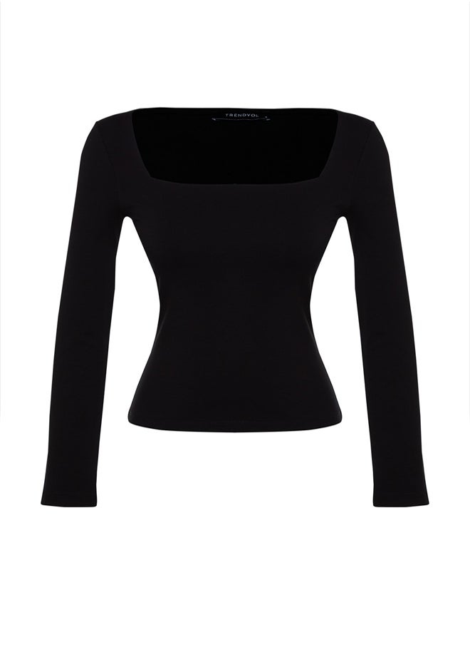 trendyol - Black Cotton Stretchy Square Collar Fitted/Skinned Knitted Blouse TWOAW24BZ00016 - Image 1
