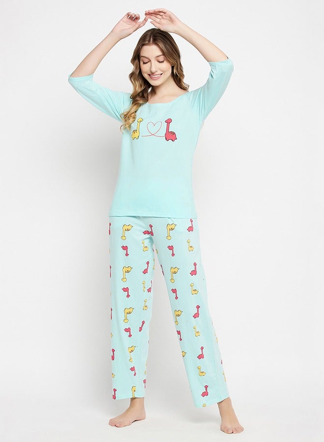 Clovia Dinosaur Print Top & Pyjama Set in Baby Blue - 100% Cotton - Image 3