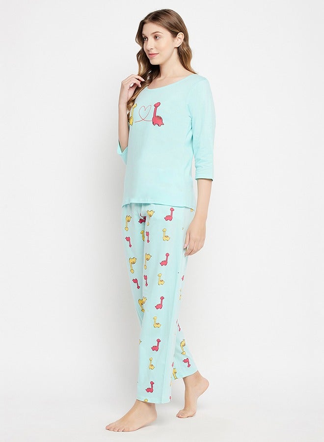 Clovia Dinosaur Print Top & Pyjama Set in Baby Blue - 100% Cotton - Image 4