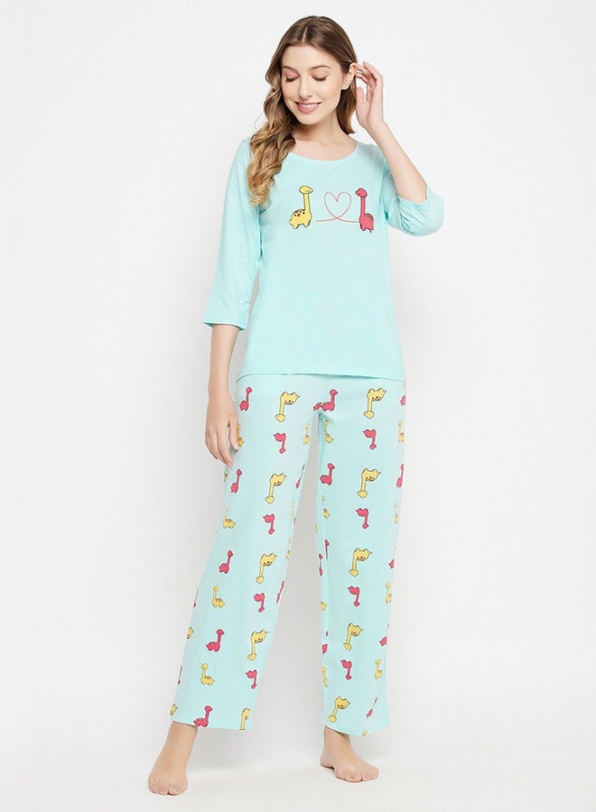 Clovia Dinosaur Print Top & Pyjama Set in Baby Blue - 100% Cotton - Image 2